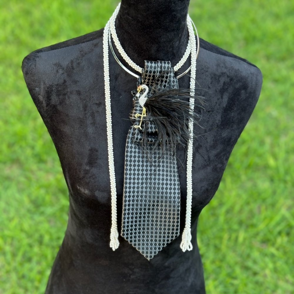 Nu-Ties Designed & Handmade By FLHood~Elegant Black & Silver Tie Feather Accent